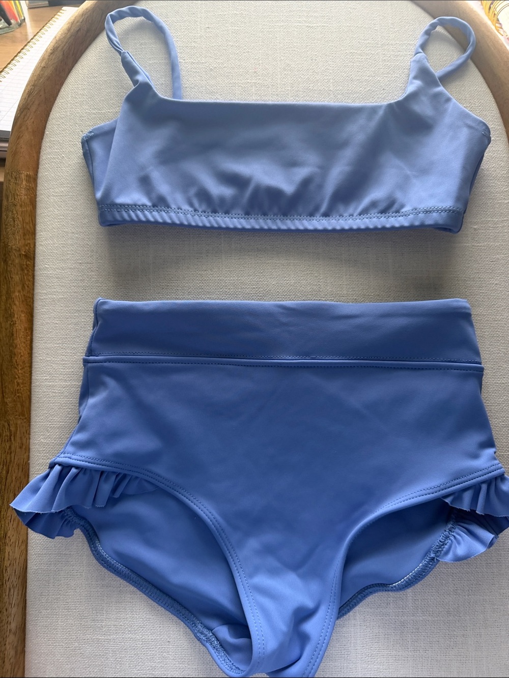 Girls Light Blue Ruffle High-Waist Bikini Set! Adult XS top, child XL top.